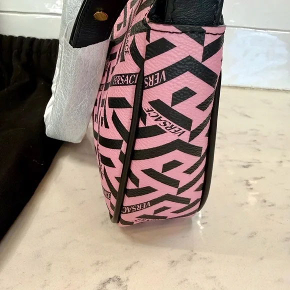 Versace La Greca Signature Shoulder Bag Pink Black Canvas Gold Metal Authentic - Picture 9 of 11